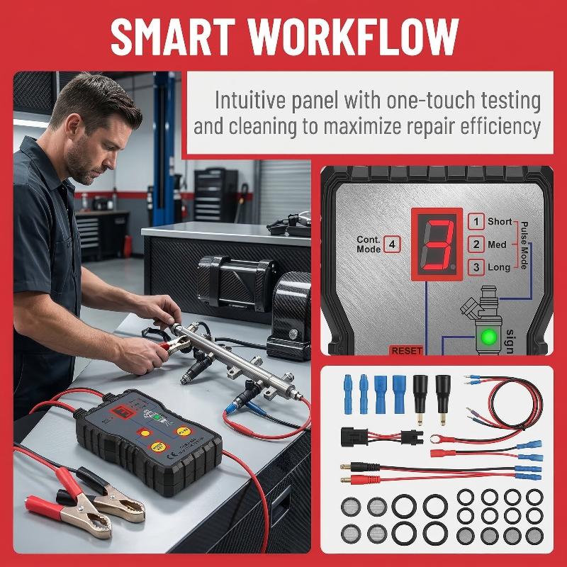 Fuel Injector Tester - ชุดทดสอบและทำความสะอาดหัวฉีดน้ำมันเชื้อเพลิงรถยนต์ 4 โหมดพัลส์ 4 สายทดสอบหลายแบบ สำหรับซ่อมระบบหัวฉีดด้วยตนเอง
